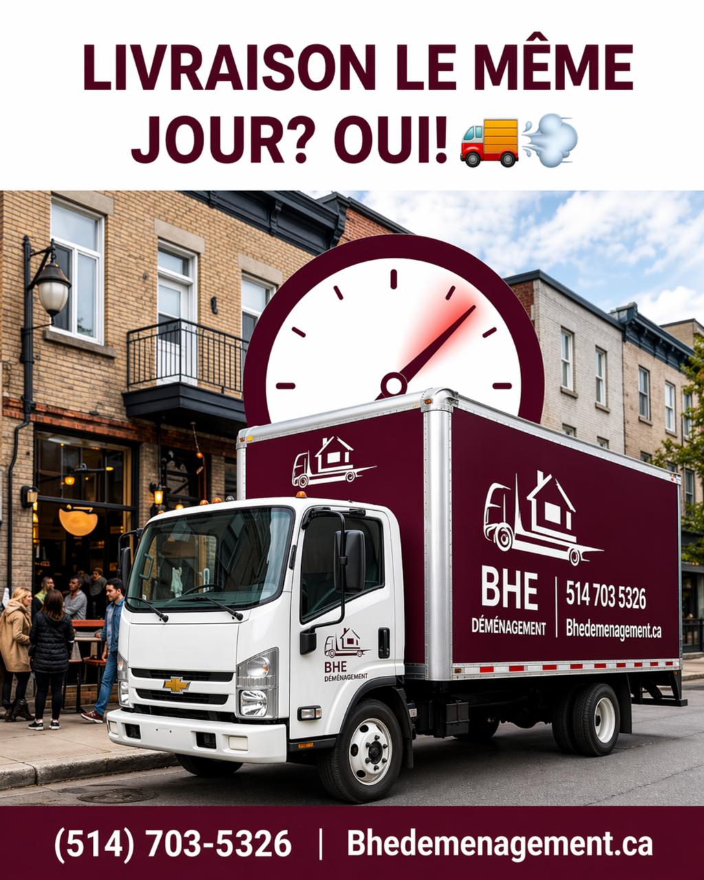 Grafică promoțională pentru livrare în aceeași zi realizată de WSOD.PROD pentru BHE Déménagement