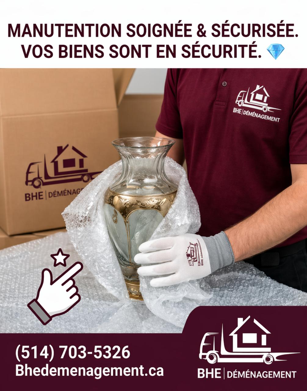 Grafică promoțională pentru manipulare sigură realizată de WSOD.PROD pentru BHE Déménagement