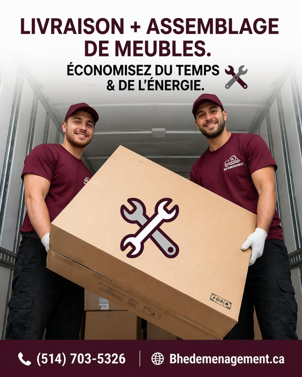 Grafică promoțională pentru livrare și asamblare de mobilier realizată de WSOD.PROD pentru BHE Déménagement