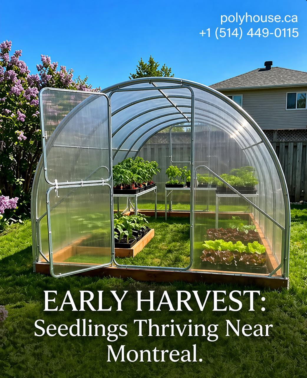 Grafică promoțională pentru recoltă timpurie și sere Polyhouse lângă Montreal realizată de WSOD.PROD